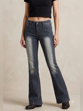 Vintage Y2k 90s Jeans Blue Denim Jeans Wide Leg Bootcut Pinstripe Women Large 32